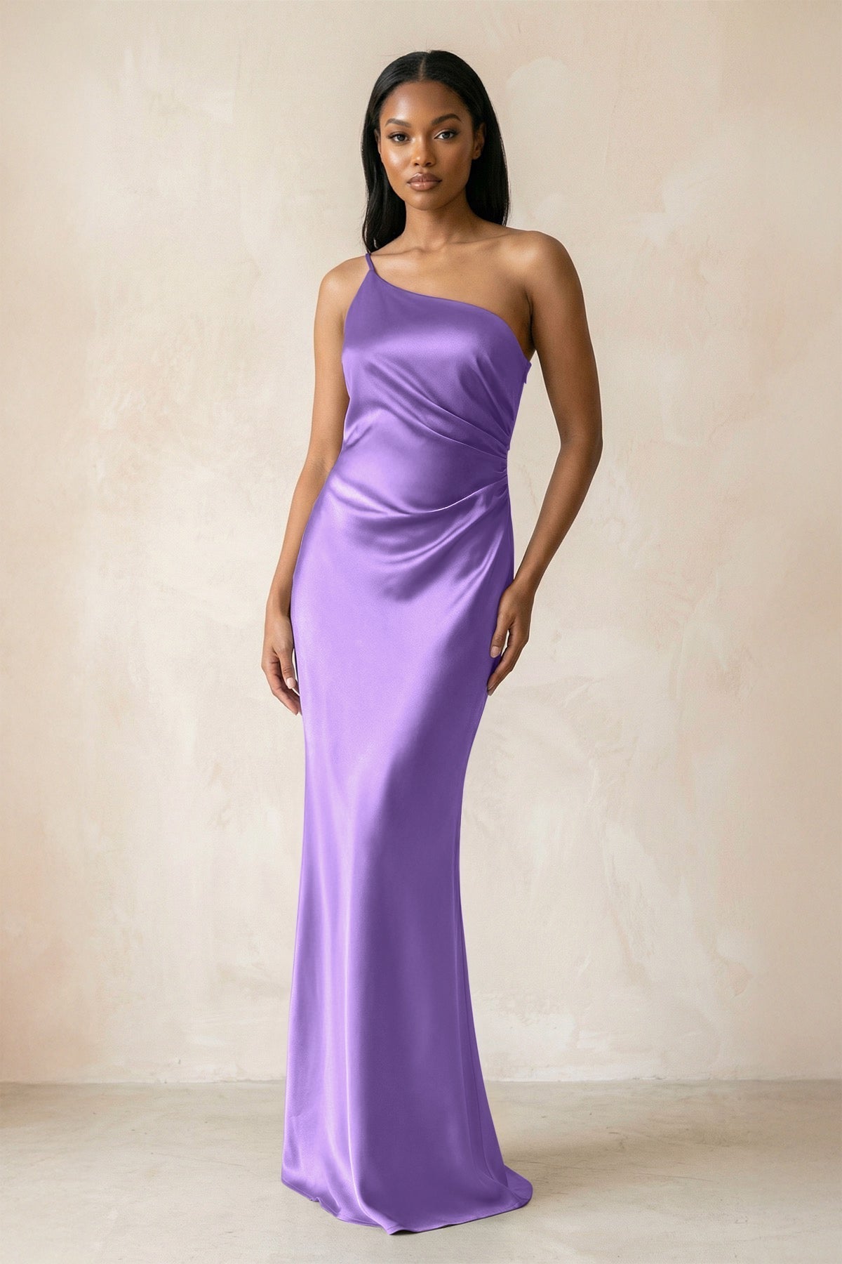 KissProm One-Shoulder Sheath Ruched Bridesmaid Dress in Lilac, Lilac / 6