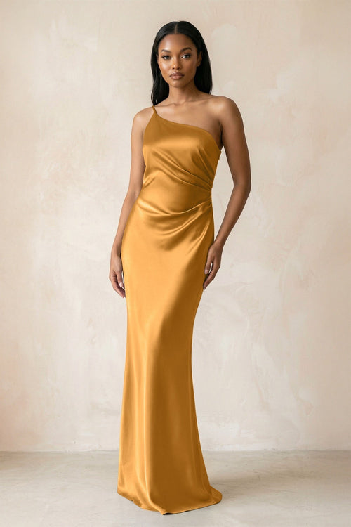 One - Shoulder Sheath Ruched Bridesmaid Dress in Marigold - KissProm Bridesmaid Dresses