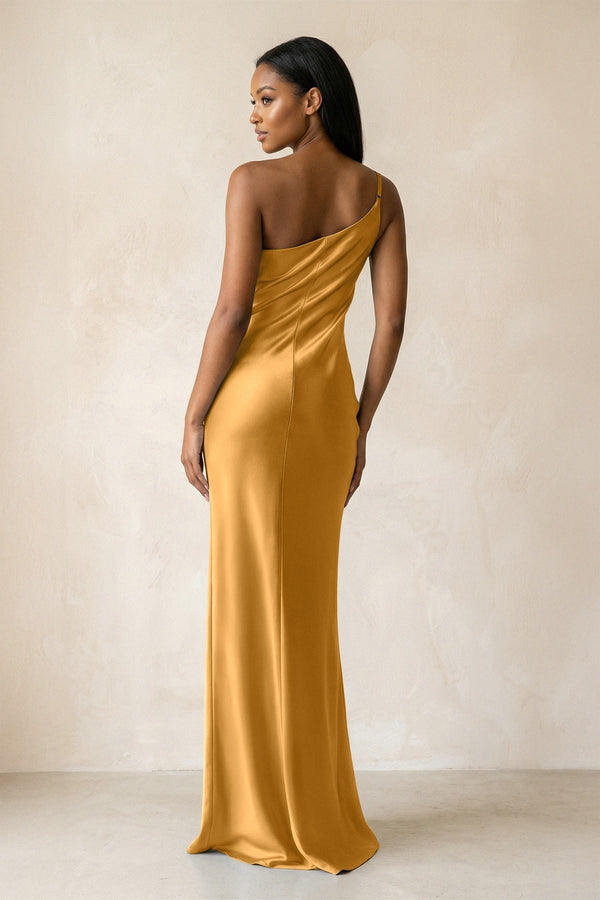 One - Shoulder Sheath Ruched Bridesmaid Dress in Marigold - KissProm Bridesmaid Dresses