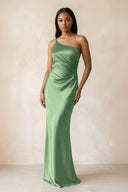 One - Shoulder Sheath Ruched Bridesmaid Dress in Matcha - KissProm Bridesmaid Dresses