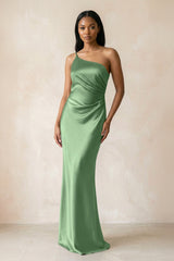 One - Shoulder Sheath Ruched Bridesmaid Dress in Matcha - KissProm Bridesmaid Dresses