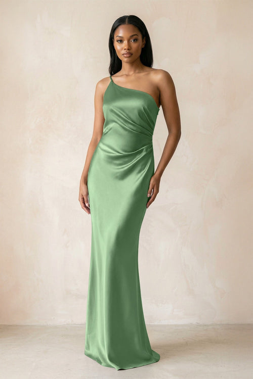 One - Shoulder Sheath Ruched Bridesmaid Dress in Matcha - KissProm Bridesmaid Dresses