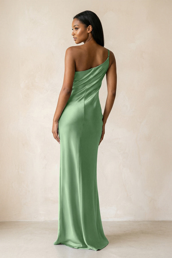One - Shoulder Sheath Ruched Bridesmaid Dress in Matcha - KissProm Bridesmaid Dresses