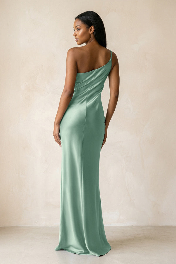 One - Shoulder Sheath Ruched Bridesmaid Dress in Mint Green - KissProm Bridesmaid Dresses