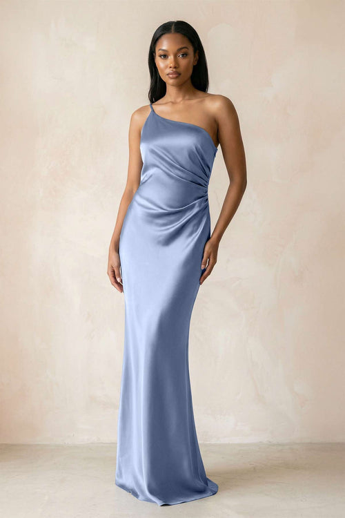 One - Shoulder Sheath Ruched Bridesmaid Dress in Mist - KissProm Bridesmaid Dresses