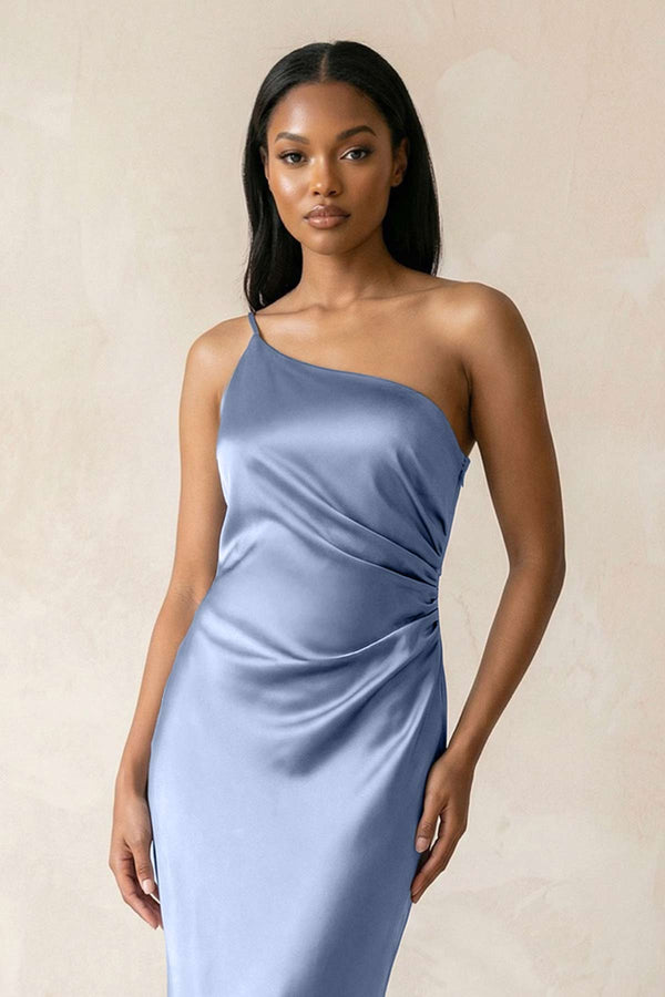 One - Shoulder Sheath Ruched Bridesmaid Dress in Mist - KissProm Bridesmaid Dresses