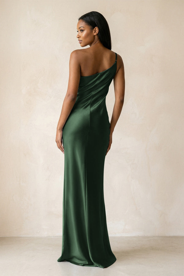 One - Shoulder Sheath Ruched Bridesmaid Dress in Moss - KissProm Bridesmaid Dresses