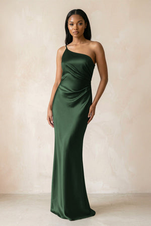 One - Shoulder Sheath Ruched Bridesmaid Dress in Moss - KissProm Bridesmaid Dresses