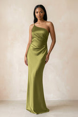One - Shoulder Sheath Ruched Bridesmaid Dress in Moss Green - KissProm Bridesmaid Dresses