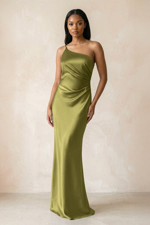 One - Shoulder Sheath Ruched Bridesmaid Dress in Moss Green - KissProm Bridesmaid Dresses