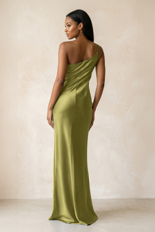 One - Shoulder Sheath Ruched Bridesmaid Dress in Moss Green - KissProm Bridesmaid Dresses