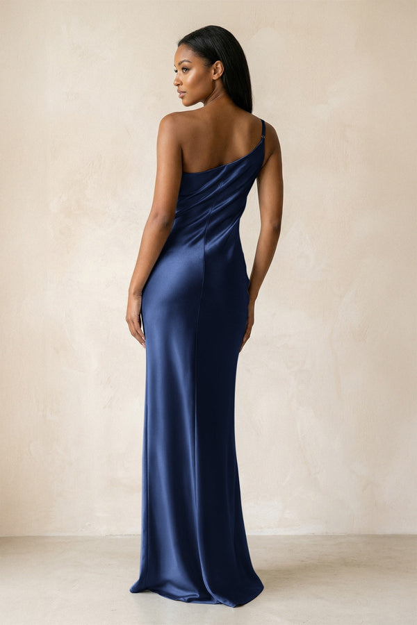 One - Shoulder Sheath Ruched Bridesmaid Dress in Navy - KissProm Bridesmaid Dresses