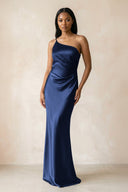 One - Shoulder Sheath Ruched Bridesmaid Dress in Navy - KissProm Bridesmaid Dresses