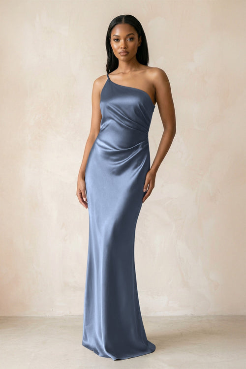 One - Shoulder Sheath Ruched Bridesmaid Dress in Neptune - KissProm Bridesmaid Dresses