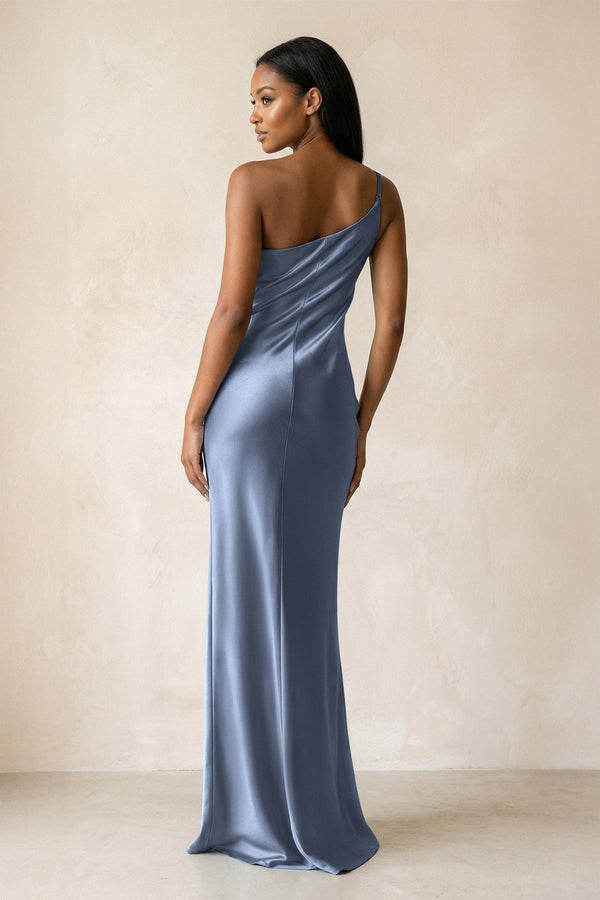 One - Shoulder Sheath Ruched Bridesmaid Dress in Neptune - KissProm Bridesmaid Dresses