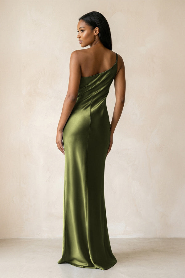 One - Shoulder Sheath Ruched Bridesmaid Dress in Olive - KissProm Bridesmaid Dresses