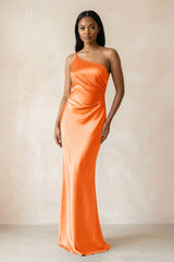 One - Shoulder Sheath Ruched Bridesmaid Dress in Orange - KissProm Bridesmaid Dresses