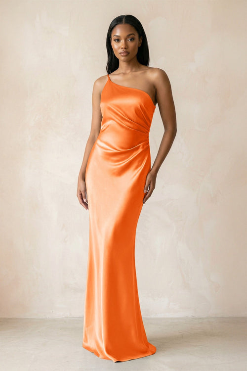 One - Shoulder Sheath Ruched Bridesmaid Dress in Orange - KissProm Bridesmaid Dresses