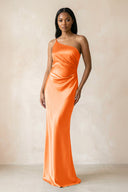 One - Shoulder Sheath Ruched Bridesmaid Dress in Orange - KissProm Bridesmaid Dresses