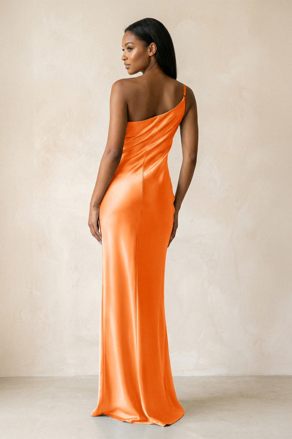 One - Shoulder Sheath Ruched Bridesmaid Dress in Orange - KissProm Bridesmaid Dresses