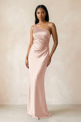 One - Shoulder Sheath Ruched Bridesmaid Dress in Pale Blush - KissProm Bridesmaid Dresses