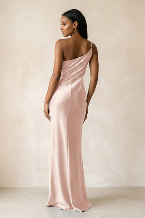 One - Shoulder Sheath Ruched Bridesmaid Dress in Pale Blush - KissProm Bridesmaid Dresses