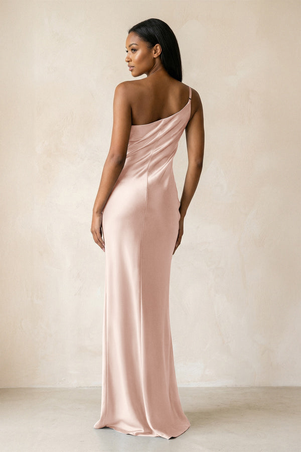 One - Shoulder Sheath Ruched Bridesmaid Dress in Pale Blush - KissProm Bridesmaid Dresses