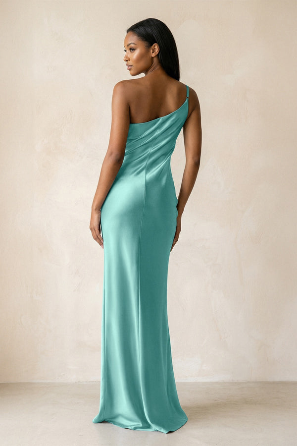 One - Shoulder Sheath Ruched Bridesmaid Dress in Pale Pistachio - KissProm Bridesmaid Dresses