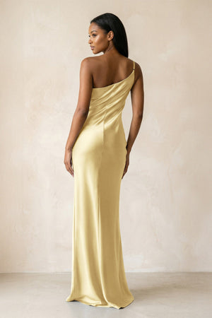 One - Shoulder Sheath Ruched Bridesmaid Dress in Pastel Yellow - KissProm Bridesmaid Dresses