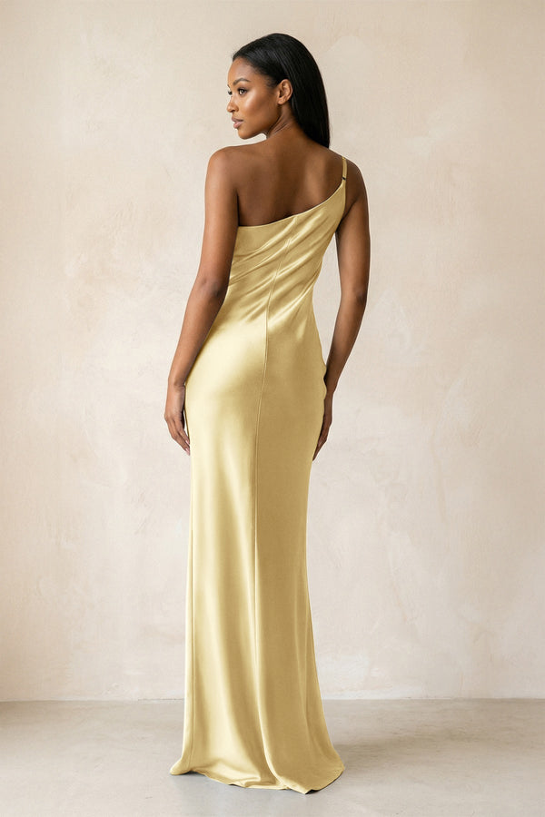 One - Shoulder Sheath Ruched Bridesmaid Dress in Pastel Yellow - KissProm Bridesmaid Dresses