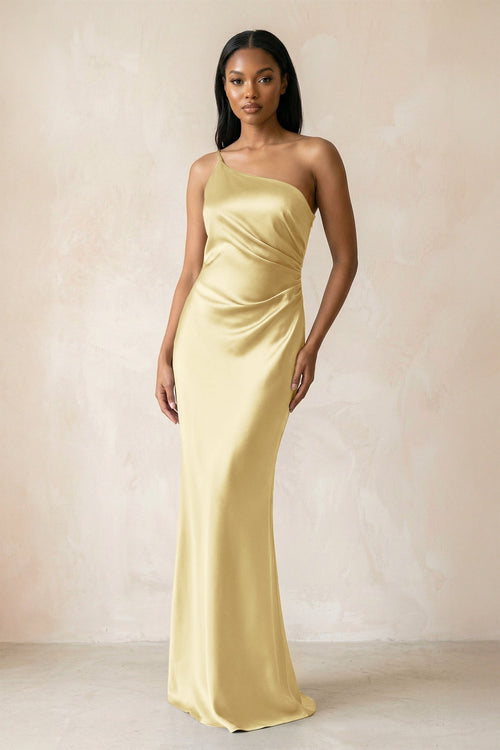 One - Shoulder Sheath Ruched Bridesmaid Dress in Pastel Yellow - KissProm Bridesmaid Dresses