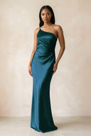 One - Shoulder Sheath Ruched Bridesmaid Dress in Pine - KissProm Bridesmaid Dresses