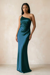 One - Shoulder Sheath Ruched Bridesmaid Dress in Pine - KissProm Bridesmaid Dresses
