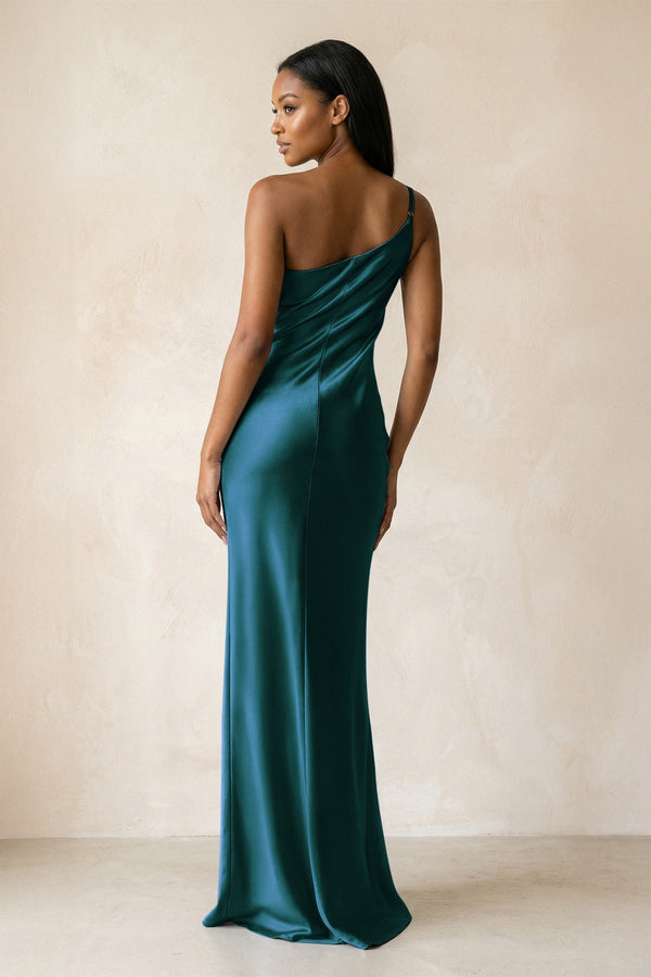 One - Shoulder Sheath Ruched Bridesmaid Dress in Pine - KissProm Bridesmaid Dresses