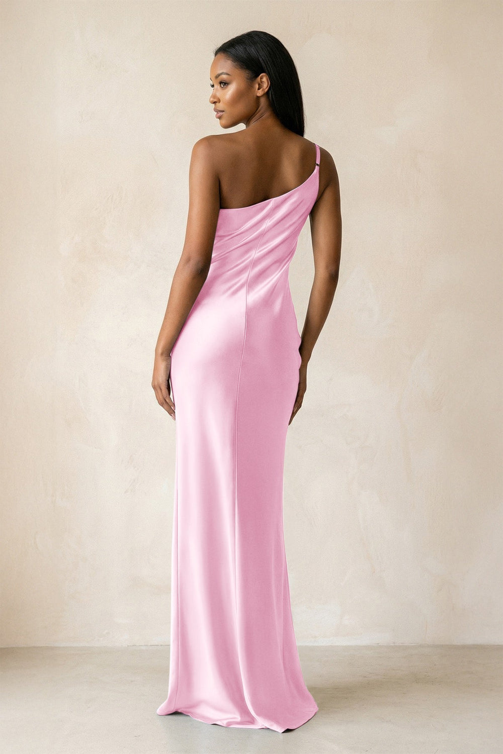 One - Shoulder Sheath Ruched Bridesmaid Dress in Pink - KissProm Bridesmaid Dresses