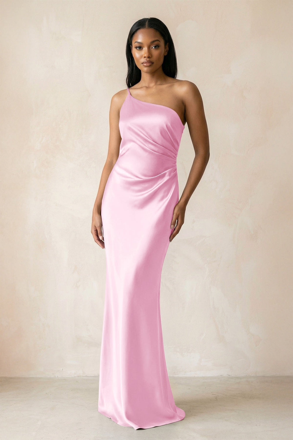 One - Shoulder Sheath Ruched Bridesmaid Dress in Pink - KissProm Bridesmaid Dresses