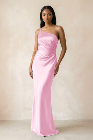 One - Shoulder Sheath Ruched Bridesmaid Dress in Pink - KissProm Bridesmaid Dresses