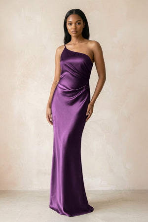 One - Shoulder Sheath Ruched Bridesmaid Dress in Plum - KissProm Bridesmaid Dresses