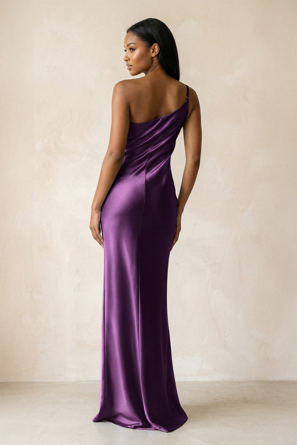 One - Shoulder Sheath Ruched Bridesmaid Dress in Plum - KissProm Bridesmaid Dresses