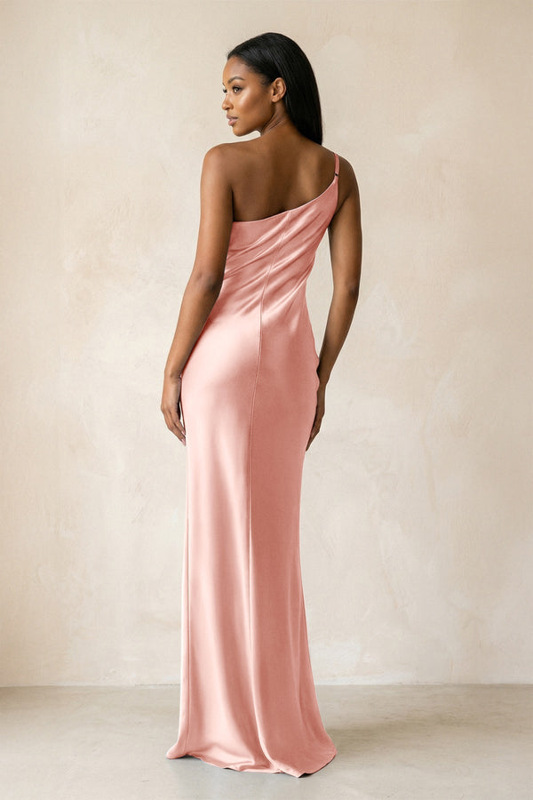 One - Shoulder Sheath Ruched Bridesmaid Dress in Rose Petal - KissProm Bridesmaid Dresses