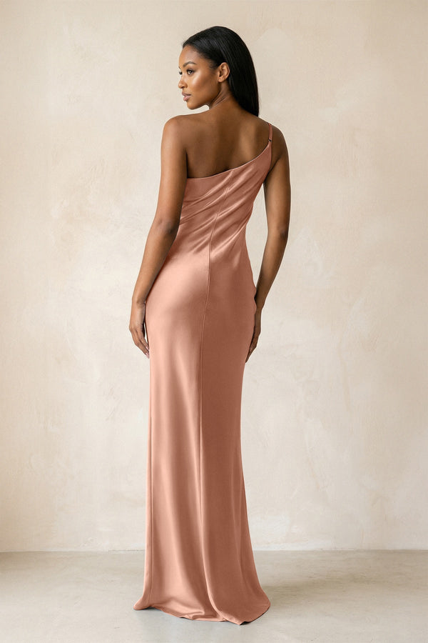 One - Shoulder Sheath Ruched Bridesmaid Dress in Rosette - KissProm Bridesmaid Dresses