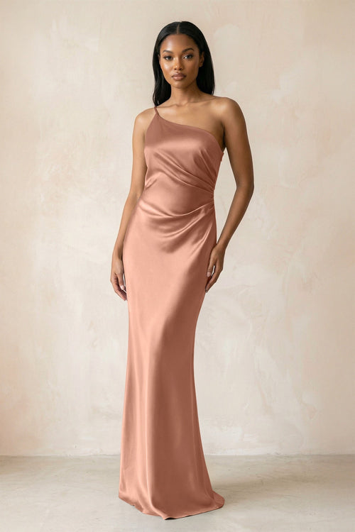 One - Shoulder Sheath Ruched Bridesmaid Dress in Rosette - KissProm Bridesmaid Dresses