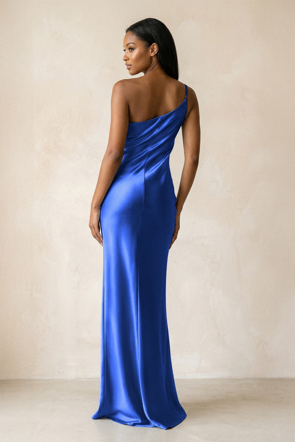 One - Shoulder Sheath Ruched Bridesmaid Dress in Royal Blue - KissProm Bridesmaid Dresses