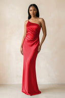 One - Shoulder Sheath Ruched Bridesmaid Dress in Ruby Red - KissProm Bridesmaid Dresses