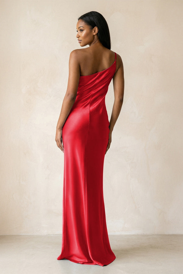 One - Shoulder Sheath Ruched Bridesmaid Dress in Ruby Red - KissProm Bridesmaid Dresses