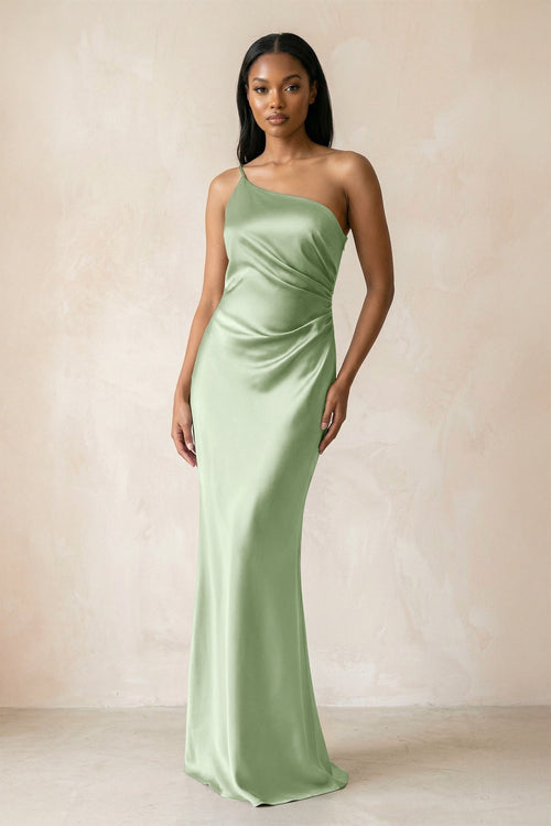 One - Shoulder Sheath Ruched Bridesmaid Dress in Sage - KissProm Bridesmaid Dresses