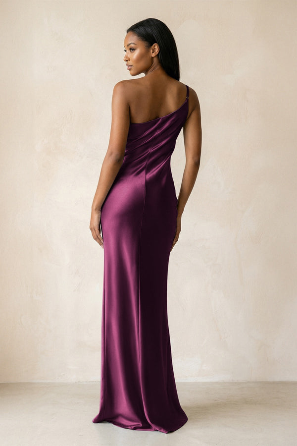One - Shoulder Sheath Ruched Bridesmaid Dress in Sangria - KissProm Bridesmaid Dresses