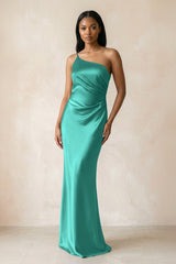 One - Shoulder Sheath Ruched Bridesmaid Dress in Sea Glass - KissProm Bridesmaid Dresses