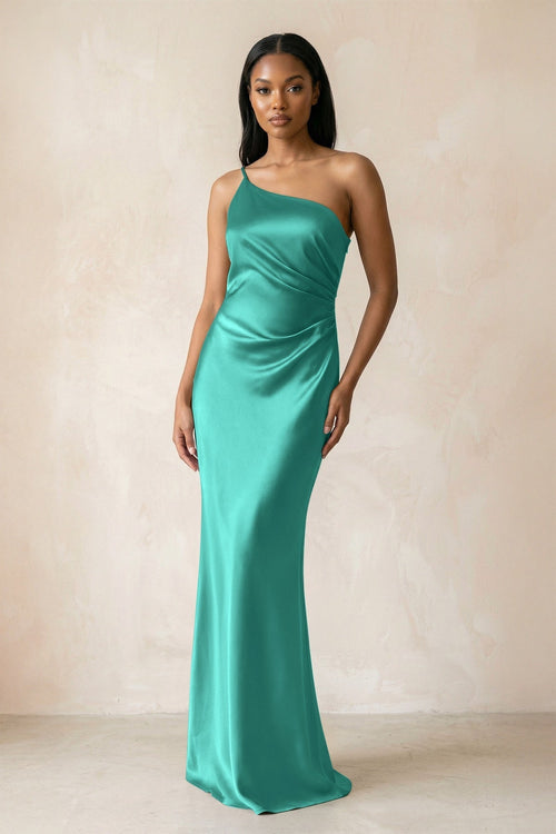 One - Shoulder Sheath Ruched Bridesmaid Dress in Sea Glass - KissProm Bridesmaid Dresses