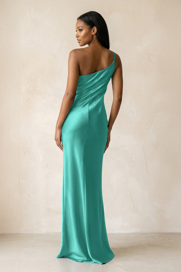 One - Shoulder Sheath Ruched Bridesmaid Dress in Sea Glass - KissProm Bridesmaid Dresses